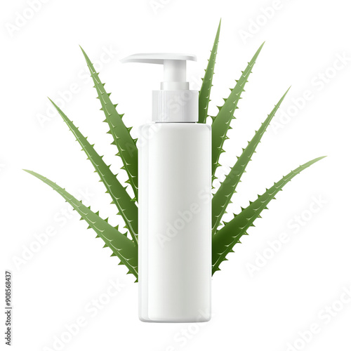 White plastic bottle filled with translucent aloe vera gel, isolated on blank background, ideal for cosmetic product packaging mockup