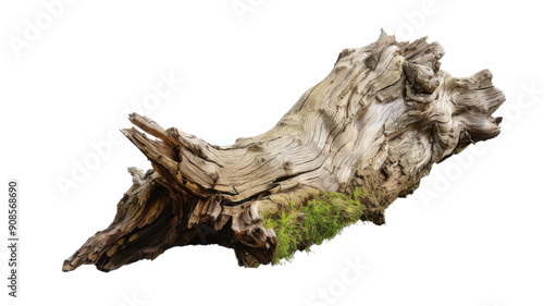 High-Resolution Image of a Weathered Driftwood with Intricate Natural Patterns and Moss Growth