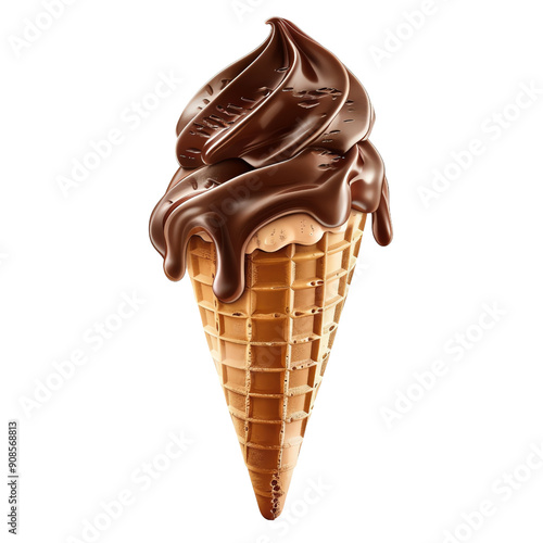 Isolated white waffle cone filled with creamy chocolate ice cream scoop, sweet summer dessert