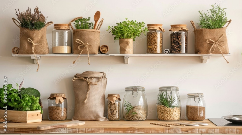 A shelf with many jars and a few potted plants A shelf with many jars and a few potted plants