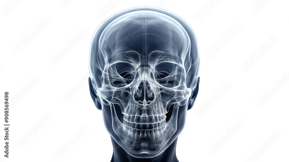 An X-ray image showing a detailed view of a human skull and head with anatomical features and medical details An X-ray image showing a detailed view of a human skull and head with anatomical features and medical details