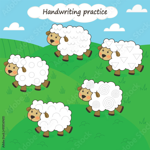 Game for preschool children. Handwriting for children. Learn to write. Trace sheet. Worksheet. Funny cartoon sheep characters