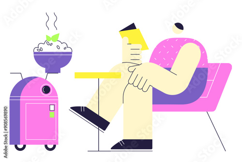 Man sitting in cafe with robot waiter