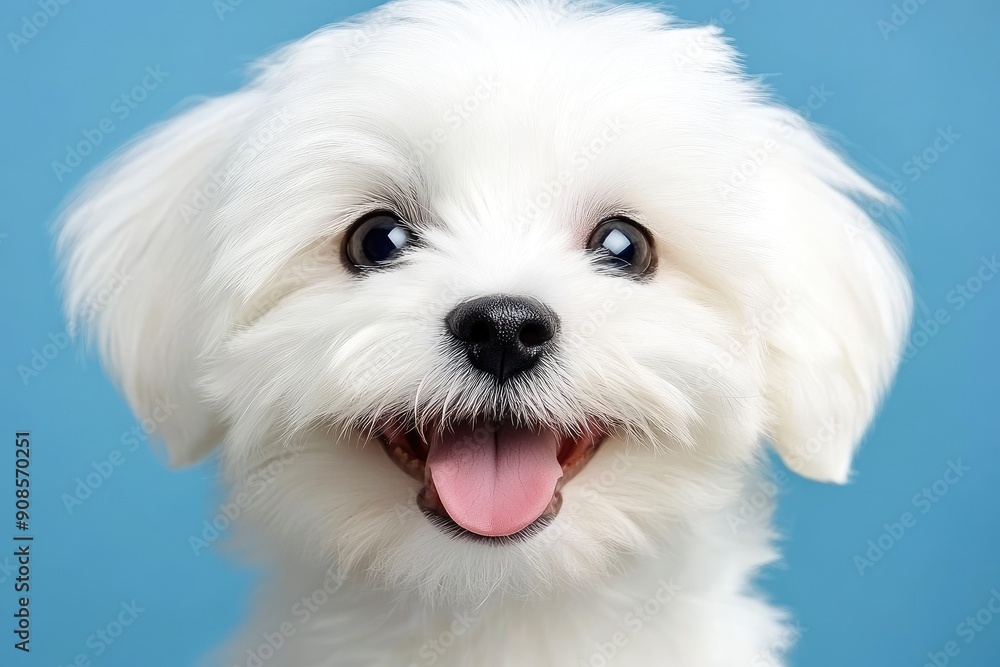 Adorable white puppy with bright eyes and a happy expression against a blue background. Perfect for pet lovers and cheerful themes. Adorable white puppy with bright eyes and a happy expression against a blue background. Perfect for pet lovers and cheerful themes.