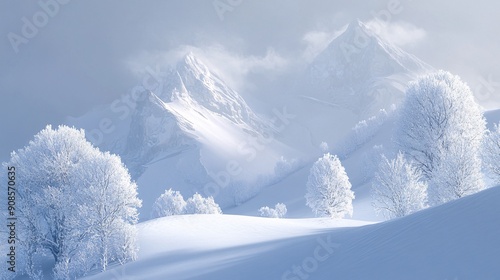 Wallpaper Mural An ethereal depiction of a mystical mountain cloaked in winter's embrace. The peaks are covered in a thick layer of snow, their surfaces glistening in the pale light of a winter's day. Frost-covered Torontodigital.ca