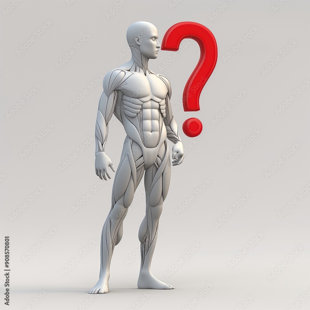 Three-dimensional human figure with a bright red question mark on their forehead. The person facial expression is puzzled, conveying confusion and curiosity. Three-dimensional human figure with a bright red question mark on their forehead. The person facial expression is puzzled, conveying confusion and curiosity.