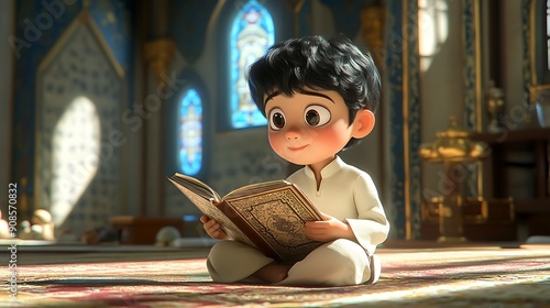 Moslem boy reading holybook in mosque 3d cartoon style photo