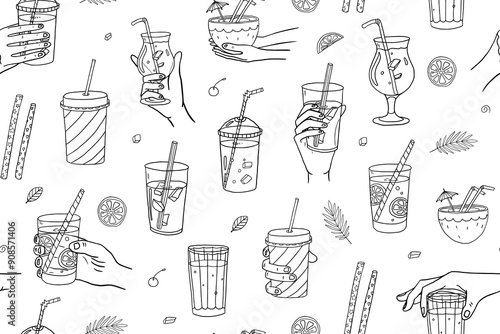 Seamless pattern of cocktails in hand , alcoholic and non-alcoholic summer drinks with ice cubes, fruits, drinking straws and text. Great for bar menu design, packaging, banners or advertising.