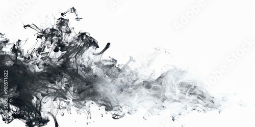 Abstract black ink swirling and mixing in water against a white background, creating a dynamic and artistic visual effect.