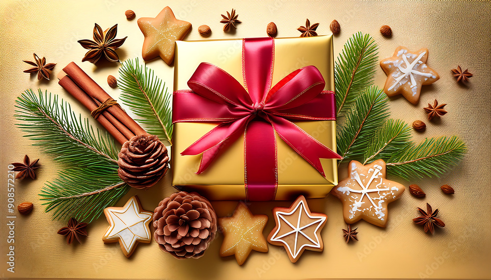 Christmas decoration composition on light gold background with beautiful Golden gift box wi_1(99) Christmas decoration composition on light gold background with beautiful Golden gift box wi_1(99)