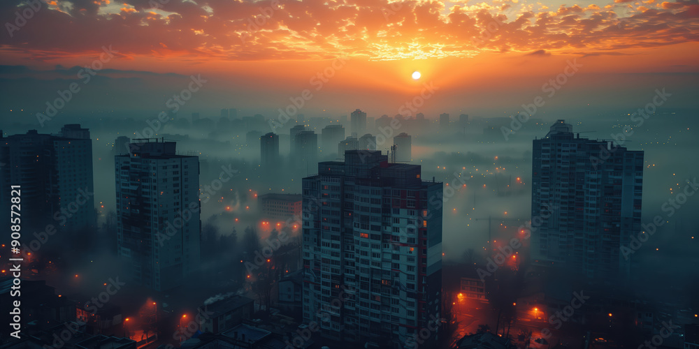 Many buildings under construction in a city at dawn Many buildings under construction in a city at dawn