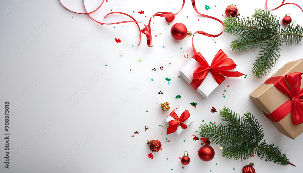 Christmas fir branches, gift boxes with red ribbon, red decoration, sparkles and confetti o_1(107) Christmas fir branches, gift boxes with red ribbon, red decoration, sparkles and confetti o_1(107)