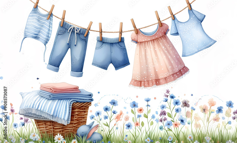 Watercolor painting of delicate baby clothes drying in the wind Watercolor painting of delicate baby clothes drying in the wind