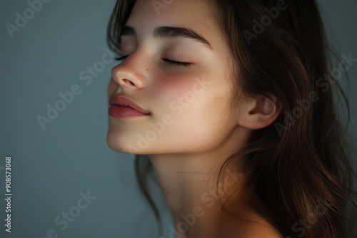 A close up of a girl's face with her eyes closed