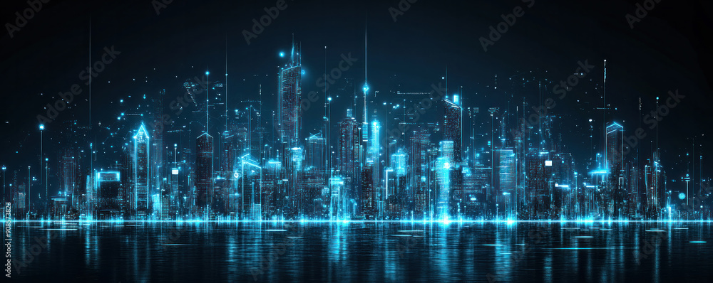 Fototapeta premium A city skyline is lit up in blue lights, creating a futuristic and vibrant atmosphere. The city appears to be in the middle of the night, with the lights reflecting off the water