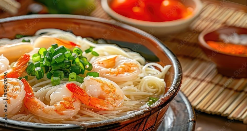 Delicious shrimp noodle soup garnished with green onions, a perfect dish for seafood lovers and a comforting meal. Delicious shrimp noodle soup garnished with green onions, a perfect dish for seafood lovers and a comforting meal.