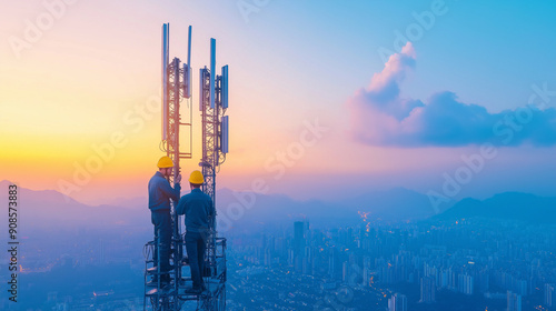 photograph of Helmeted male engineer works in the field with a telecommunication tower that controls cellular electrical installations to inspect and maintain 5G networks installed on high-rise buildi