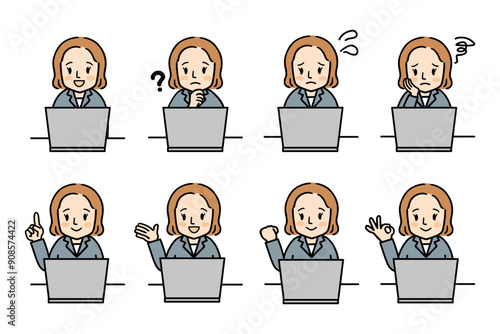 パソコンを操作する女性会社員の上半身イラストセット