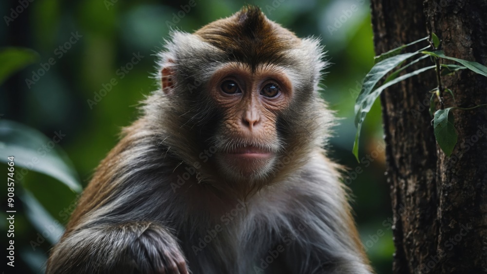 A monkey observing the human visitors, intrigued by their presence