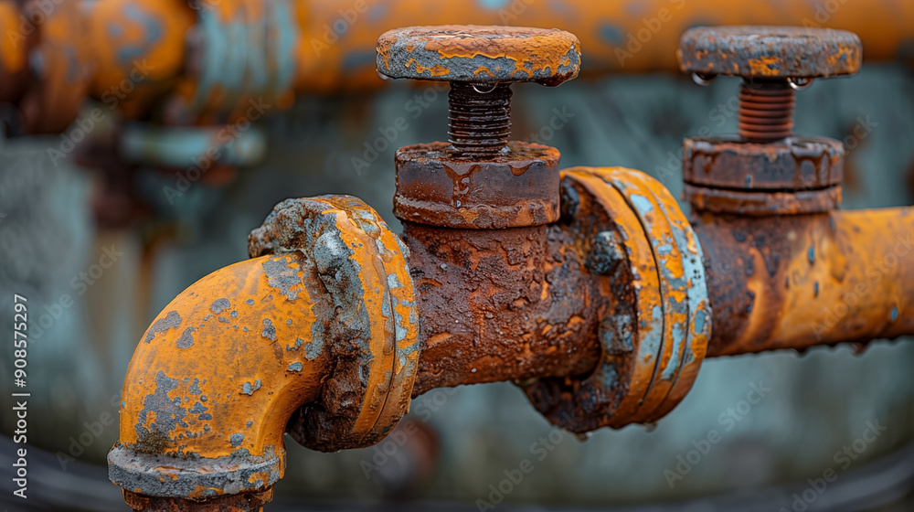 Rusty orange industrial valve with worn metallic pipes showing signs of corrosion and decay. Concept of aging infrastructure and industrial deterioration. Rusty orange industrial valve with worn metallic pipes showing signs of corrosion and decay. Concept of aging infrastructure and industrial deterioration.