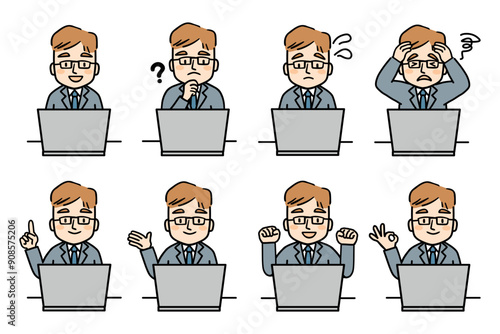 パソコンを操作するメガネをかけた男性会社員のイラストセット