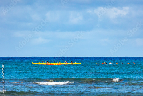 Outrigger Canoe Paddling Off of Waikiki Beach, Honolulu, O'ahu, Hawai'i