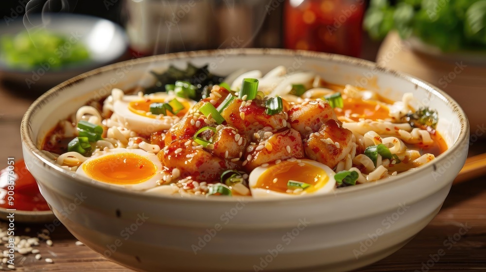 A delicious bowl of ramen topped with eggs, vegetables, and savory sauce, perfect for food lovers and culinary enthusiasts. A delicious bowl of ramen topped with eggs, vegetables, and savory sauce, perfect for food lovers and culinary enthusiasts.