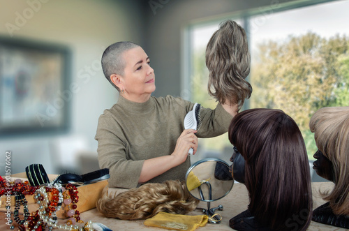 Senior woman caring for wigs in a bright room, holding one at eye level while others are displayed on mannequin heads.