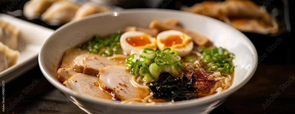 Delicious bowl of ramen with soft boiled eggs, green onions, and tender pork slices, garnished for an appetizing presentation. Delicious bowl of ramen with soft boiled eggs, green onions, and tender pork slices, garnished for an appetizing presentation.