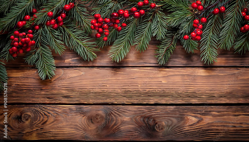 Christmas Holiday Evergreen Pine Branches and Red Berries Over Wood Background, Copy Sp_1(140) Christmas Holiday Evergreen Pine Branches and Red Berries Over Wood Background, Copy Sp_1(140)