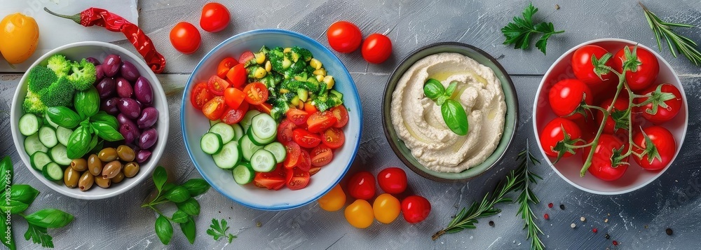 A vibrant array of fresh vegetables and dips arranged in bowls, perfect for healthy eating and culinary inspiration. A vibrant array of fresh vegetables and dips arranged in bowls, perfect for healthy eating and culinary inspiration.