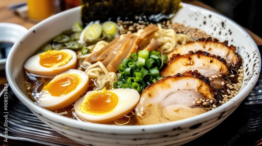 Delicious ramen bowl featuring soft-boiled egg, tender pork slices, seaweed, and fresh vegetables. A perfect dish for noodle lovers. Delicious ramen bowl featuring soft-boiled egg, tender pork slices, seaweed, and fresh vegetables. A perfect dish for noodle lovers.
