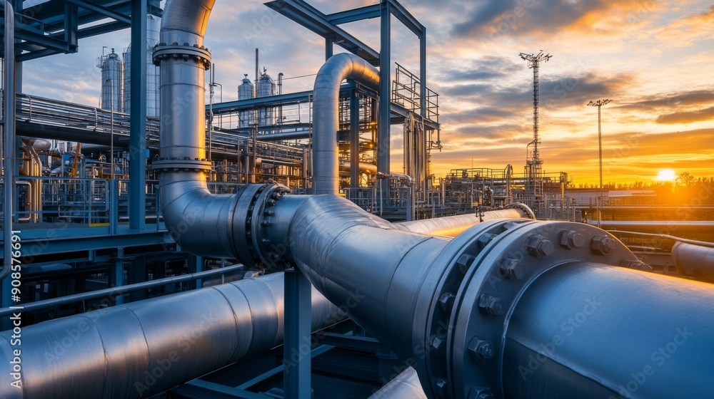 Industrial Sunset: Refinery Pipelines at Dusk Industrial Sunset: Refinery Pipelines at Dusk