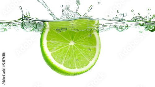 lime slice immersed in water ,water splash,cut out.