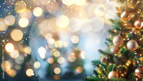  Christmas holidays banner, tree, bokeh background- A holiday banner featuring a decorated C_1(143)