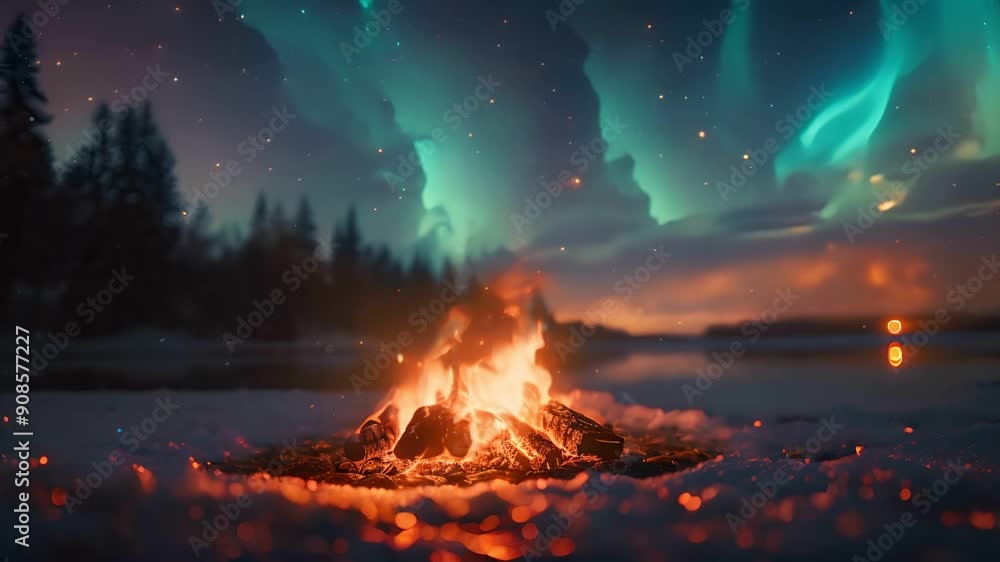 A campfire crackles under a breathtaking display of the Northern Lights. The flames dance against the backdrop of a starry sky and a snowy landscape. A campfire crackles under a breathtaking display of the Northern Lights. The flames dance against the backdrop of a starry sky and a snowy landscape.