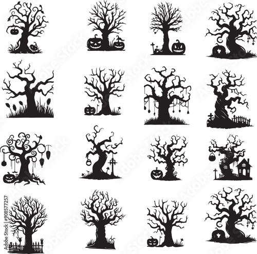 Set of black  silhouette Halloween trees vector