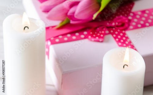 Giftbox arranged on the table in saint valentine holiday concept