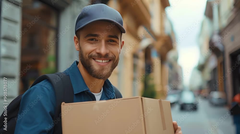Smiling delivery man in a blue shirt and cap holding a cardboard box on a city street. Smiling delivery man in a blue shirt and cap holding a cardboard box on a city street.