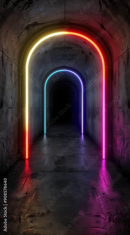 Vibrant neon lights in a dark tunnel Vibrant neon lights in a dark tunnel
