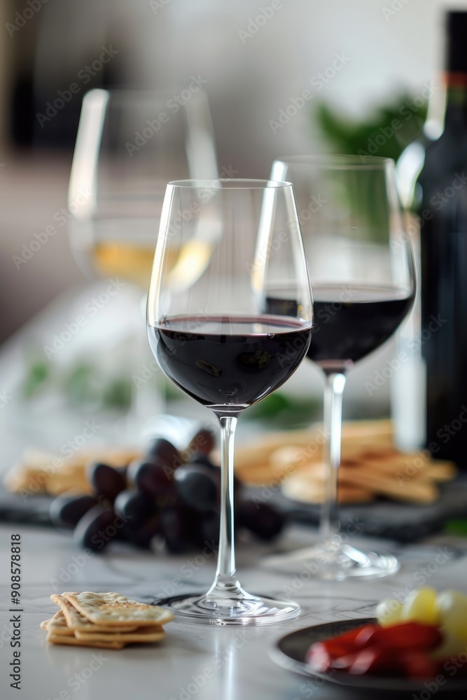 Fototapeta premium Red wine glasses on indoor table top.