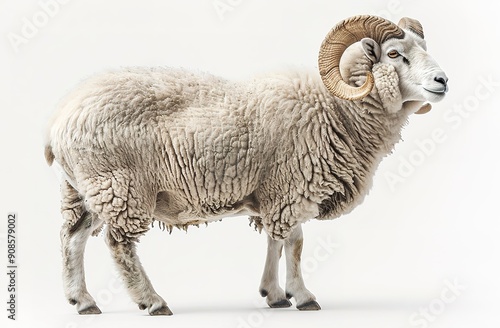 Photo of a ram sheep on a white background, isolated with no shadows or reflections. 