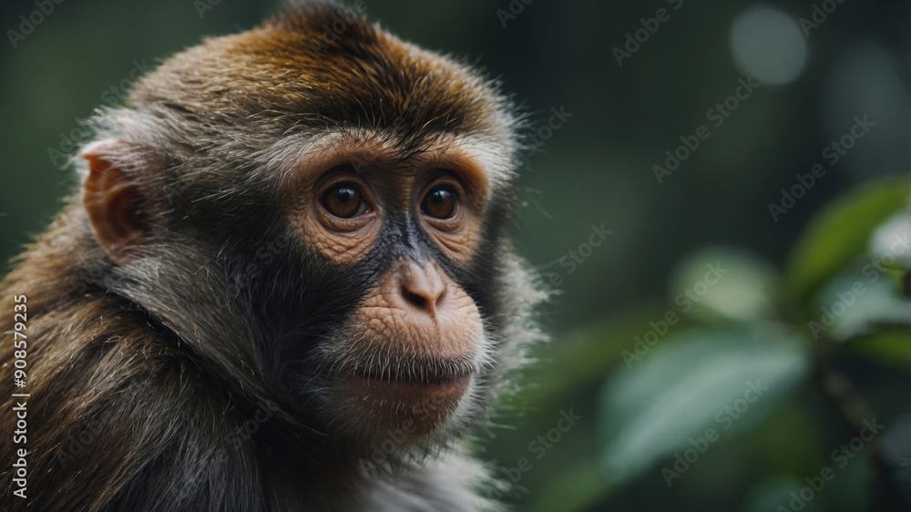 A monkey sitting pensively, lost in its own thoughts A monkey sitting pensively, lost in its own thoughts