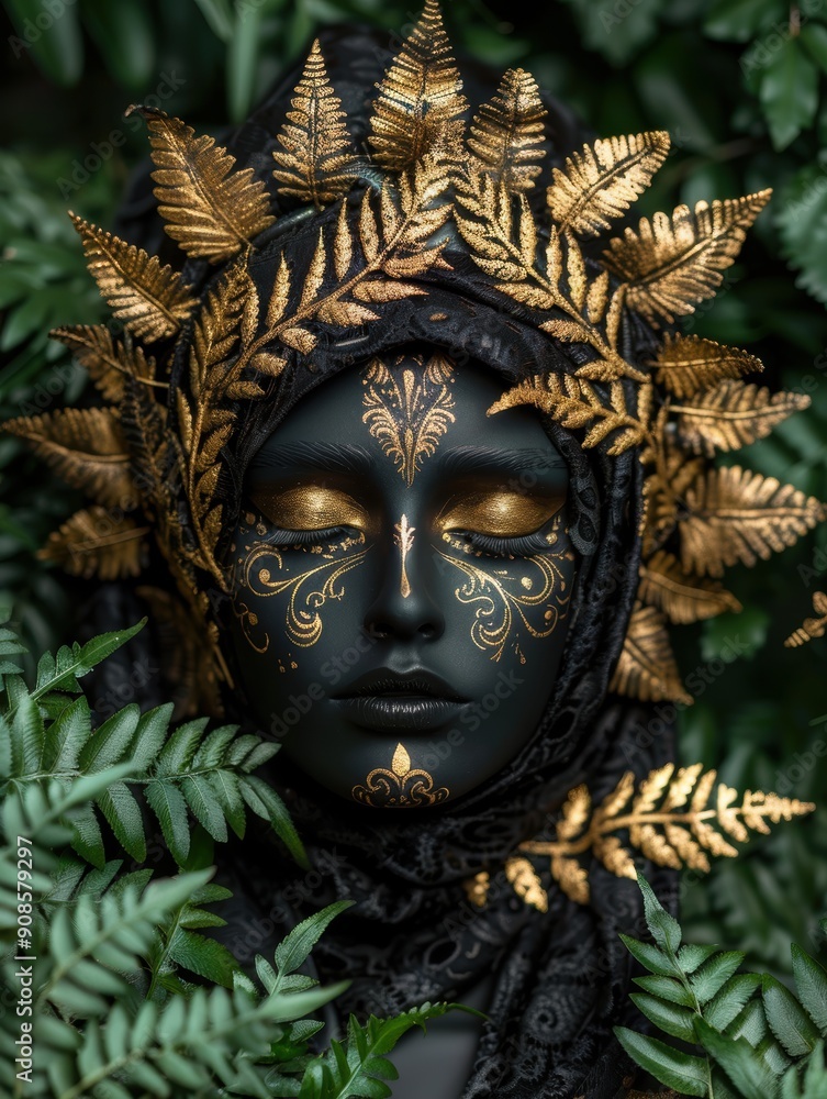 Ornate golden mask in lush foliage Ornate golden mask in lush foliage