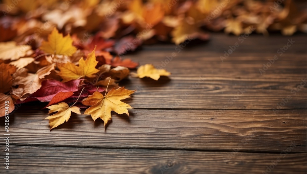 Obraz premium Autumn leaves on wooden background Top view with copy space.