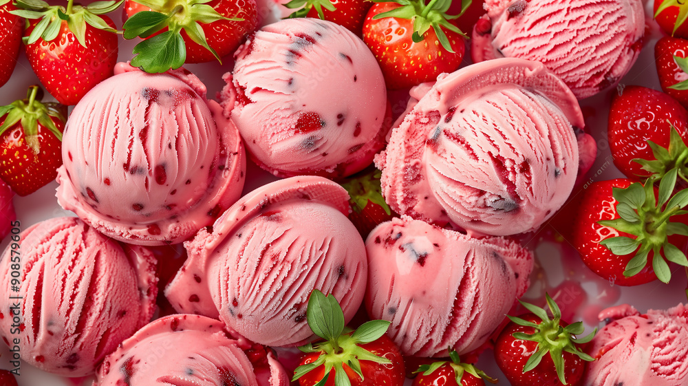 Close-up of fresh strawberry ice cream scoops surrounded by ripe strawberries Close-up of fresh strawberry ice cream scoops surrounded by ripe strawberries