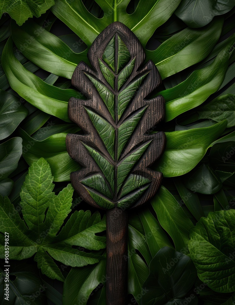 Wooden leaf sculpture in lush green foliage Wooden leaf sculpture in lush green foliage