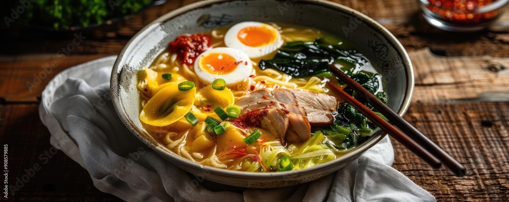 A vibrant bowl of ramen featuring soft eggs, tender meat, and fresh vegetables, perfect for food lovers and culinary enthusiasts. A vibrant bowl of ramen featuring soft eggs, tender meat, and fresh vegetables, perfect for food lovers and culinary enthusiasts.