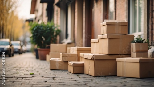 Carton boxes in front of house, online courier delivery concept with parcel on the street. photo