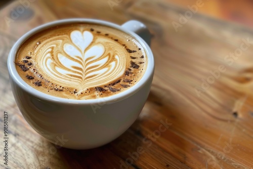 One coffee cup on wooden table top. photo